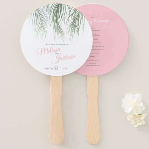 Pink green tropical palms watercolor art hand fan