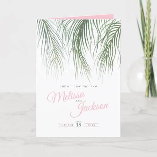 Pink green tropical palms watercolor art wedding program