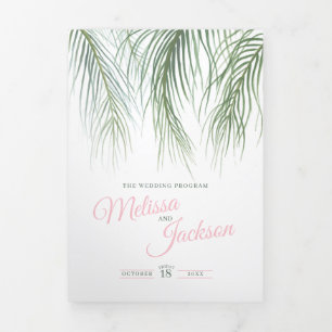 Pink green tropical palms watercolor art wedding Tri-Fold program