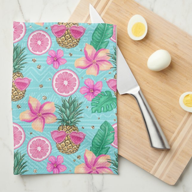 PINK & GREEN TROPICAL SUMMER BEACH THEME KITCHEN TOWEL (Quarter Fold)