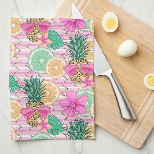 PINK & GREEN TROPICAL SUMMER BEACH THEME KITCHEN TOWEL (Quarter Fold)