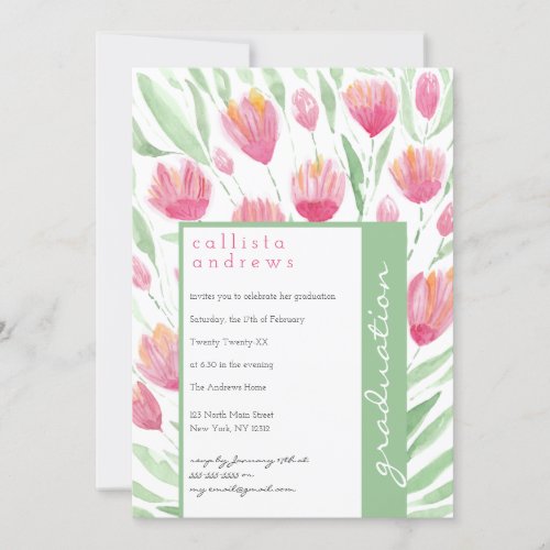 Pink Green Tulip Floral Watercolor Graduation Invitation