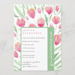 Pink Green Tulip Floral Watercolor Quinceañera Invitation