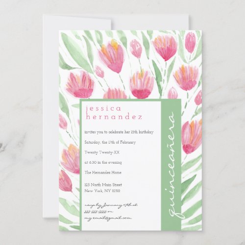 Pink Green Tulip Floral Watercolor Quinceaera Invitation