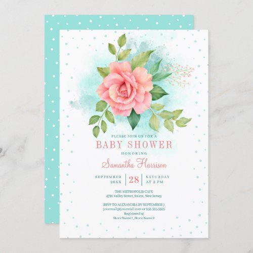 Pink Green Turquoise Ombre Floral Watercolor Rose Invitation