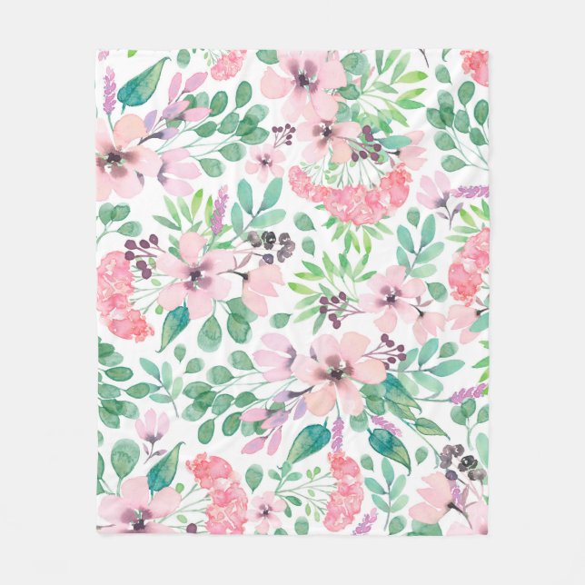 Pink & Green Tuscany Flowers Pattern Fleece Blanket (Front)