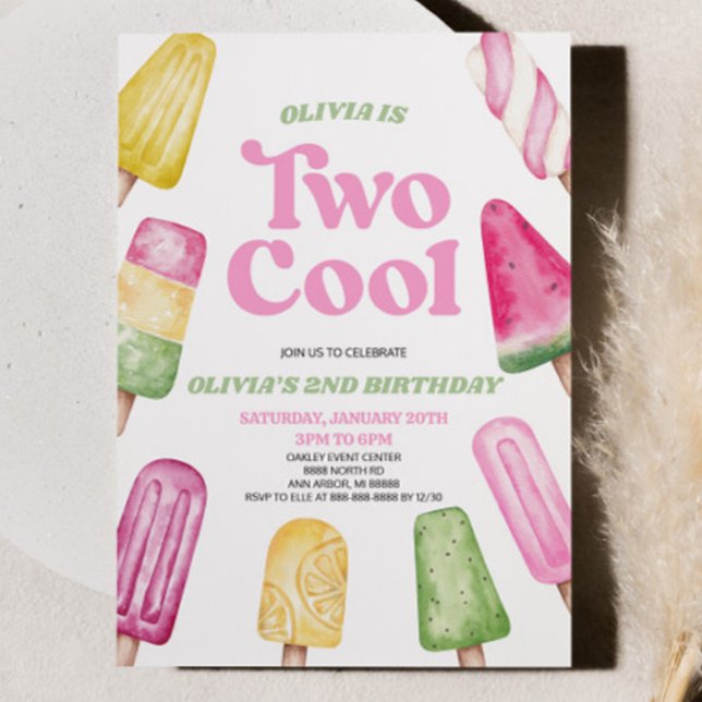 Pink Green Two Cool Popsicle 2nd Birthday Party Invitation (Creator Uploaded)
