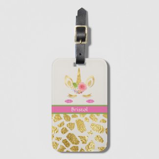 Pink & Green Unicorn Gold Animal Print Your Name Luggage Tag