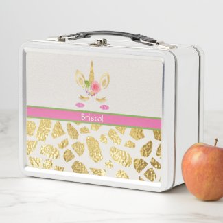 Pink & Green Unicorn Gold Animal Print Your Name Metal Lunch Box