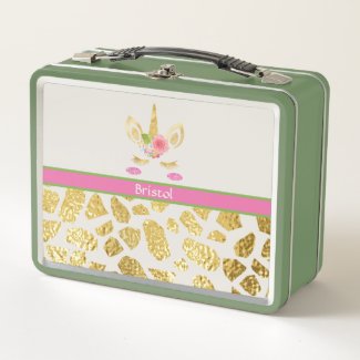 Pink & Green Unicorn Gold Animal Print Your Name Metal Lunch Box