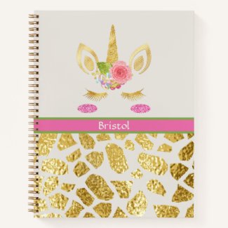 Pink & Green Unicorn Gold Animal Print Your Name Notebook