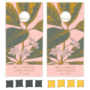 Pink Green Vintage Botanical Custom Lake House Cornhole Set