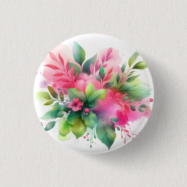 Pink Green Watercolor Botanical Bloom Button (Front)
