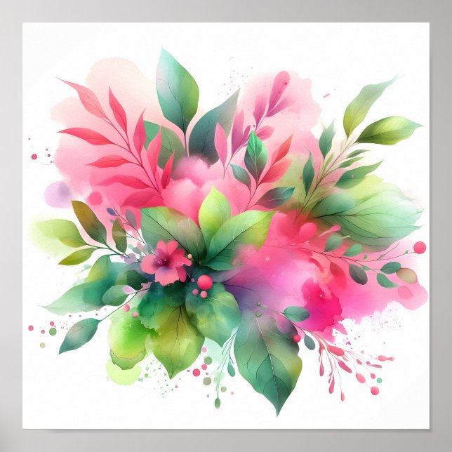Pink Green Watercolor Botanical Bloom Poster (Front)