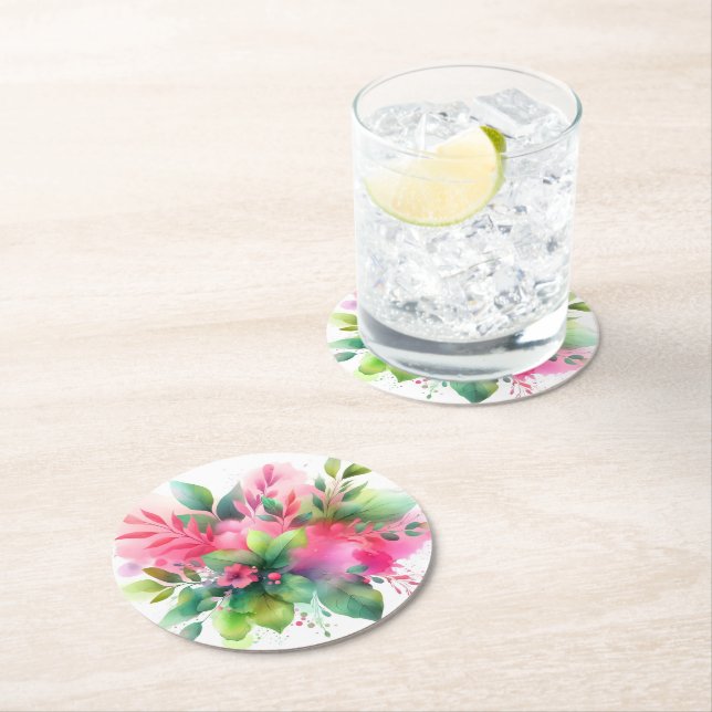 Pink Green Watercolor Botanical Bloom Round Paper Coaster (Insitu)