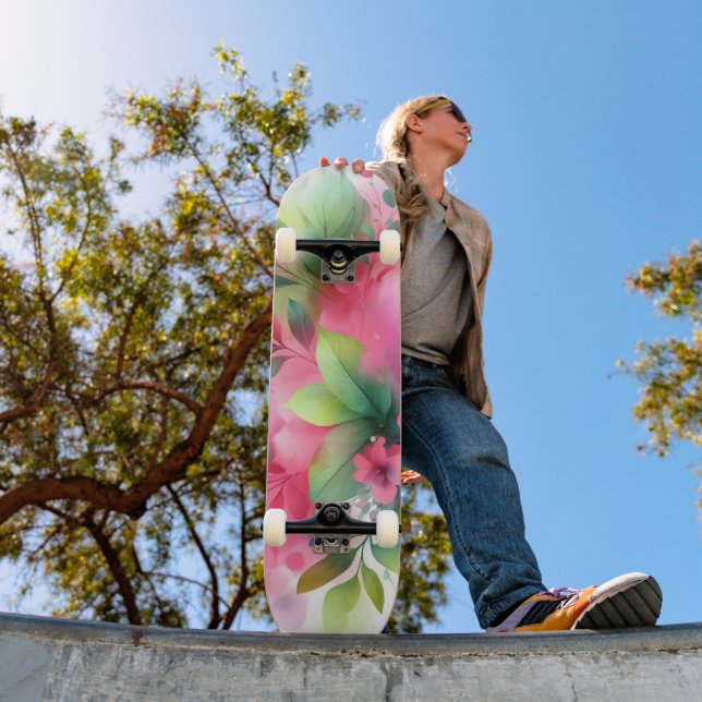 Pink Green Watercolor Botanical Bloom Skateboard (Outdoor 1)
