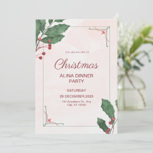Pink & Green Watercolor Christmas Eve Dinner Party Invitation
