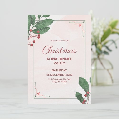 Pink  Green Watercolor Christmas Eve Dinner Party Invitation