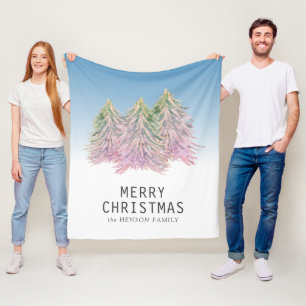 Pink Green Watercolor Christmas Tree Artistic  Fleece Blanket