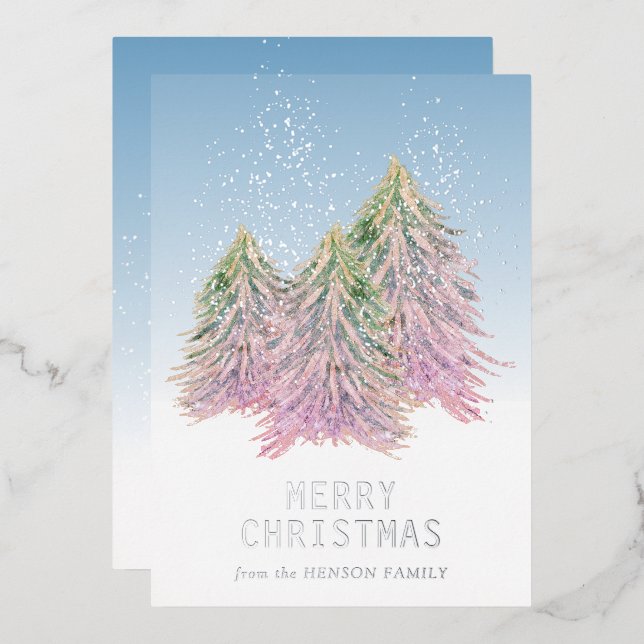 Pink Green Watercolor Christmas Tree Artistic Foil Holiday Card (Front/Back)