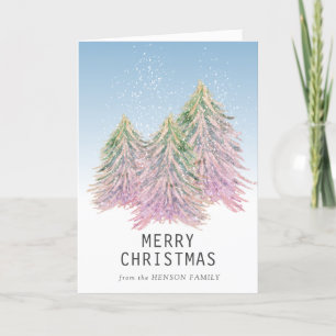 Pink Green Watercolor Christmas Tree Artistic   Holiday Card