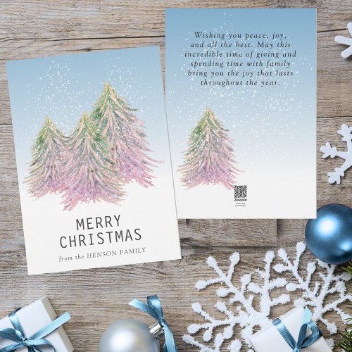 Pink Green Watercolor Christmas Tree Artistic Holiday Card