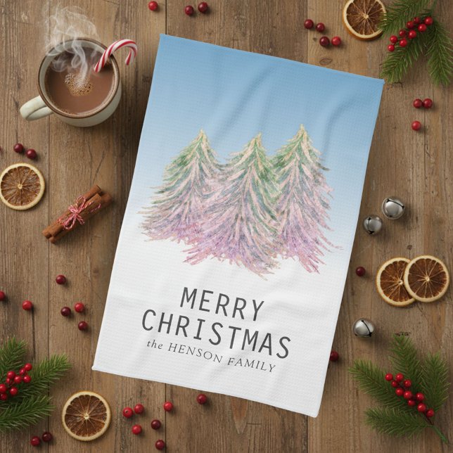 Pink Green Watercolor Christmas Tree Artistic Kitchen Towel (Creator Uploaded)