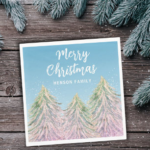 Pink Green Watercolor Christmas Tree Artistic Napkins