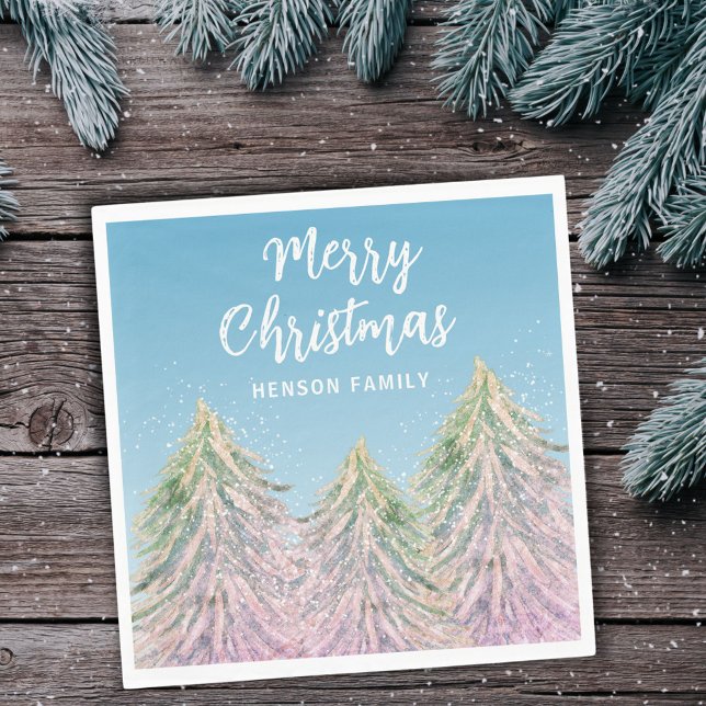 Pink Green Watercolor Christmas Tree Artistic  Napkins (Creator Uploaded)