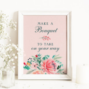 Pink Green Watercolor Floral Bouquet Favor Sign