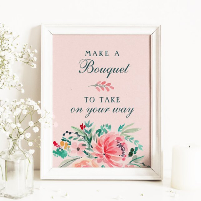 Pink Green Watercolor Floral Bouquet Favor Sign (Creator Uploaded)