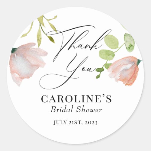Pink Green Watercolor Floral Bridal Shower Classic Classic Round Sticker
