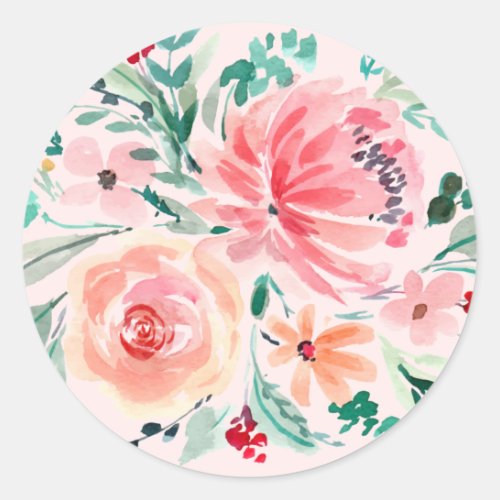 Pink Green Watercolor Floral Bridal Shower Classic Round Sticker