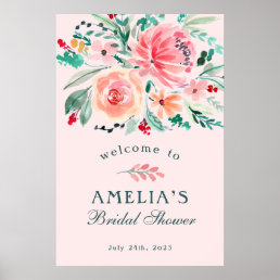 Pink Green Watercolor Floral Bridal Shower Welcome Poster
