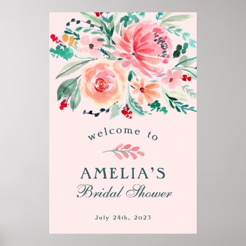 Pink Green Watercolor Floral Bridal Shower Welcome Poster - Pink Green Watercolor Floral Bridal Shower Welcome Poster