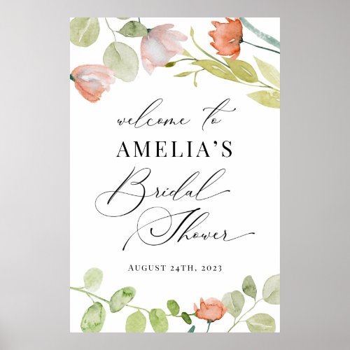 Pink Green Watercolor Floral Bridal Shower Welcome Poster - Pink Green Watercolor Floral Bridal Shower Welcome Poster