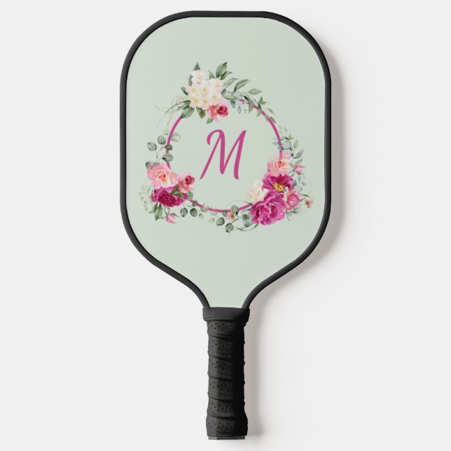 Pink + Green Watercolor Floral Monogram Initial Pickleball Paddle (Front)