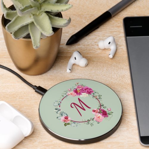 Pink  Green Watercolor Floral Monogram Initial Wireless Charger
