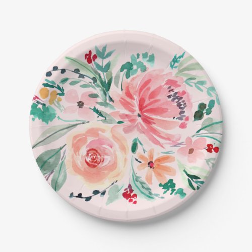 Pink Green Watercolor Floral Paper Plate - Pink Green Watercolor Floral Paper Plate