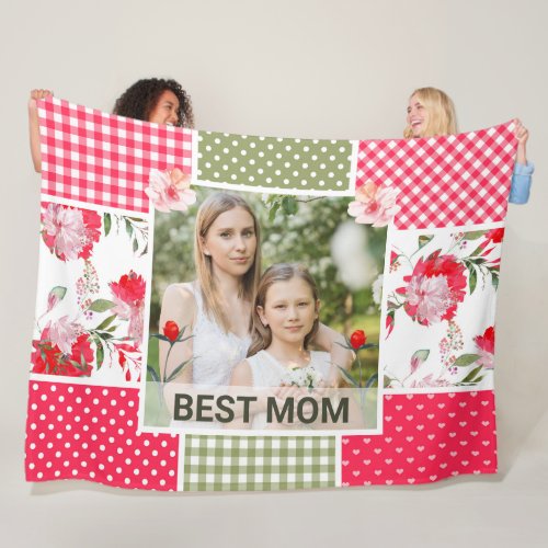 Pink  Green Watercolor Floral Patchwork Mom  Fleece Blanket