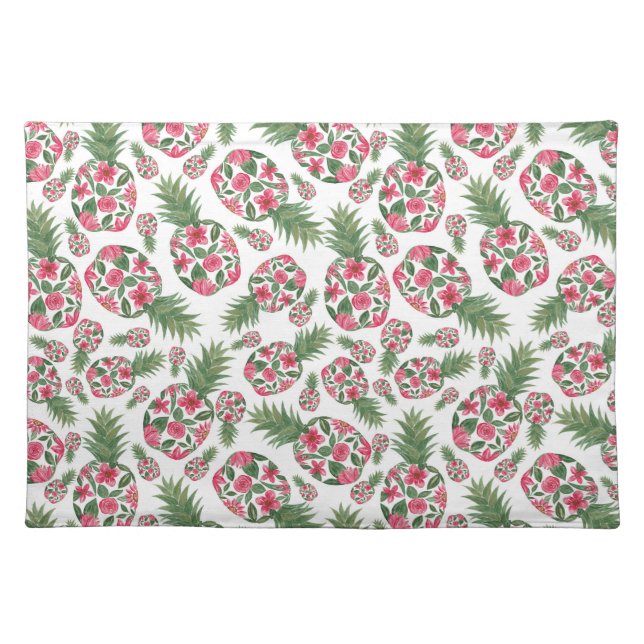 Pink Green Watercolor Floral Pineapples Pattern Cloth Placemat (Front)