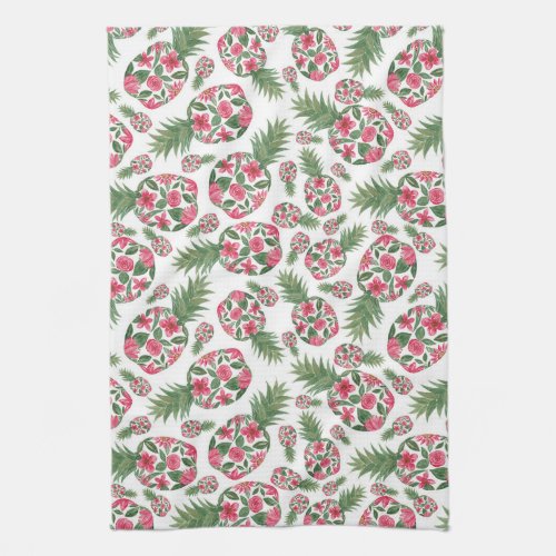 Pink Green Watercolor Floral Pineapples Pattern Kitchen Towel