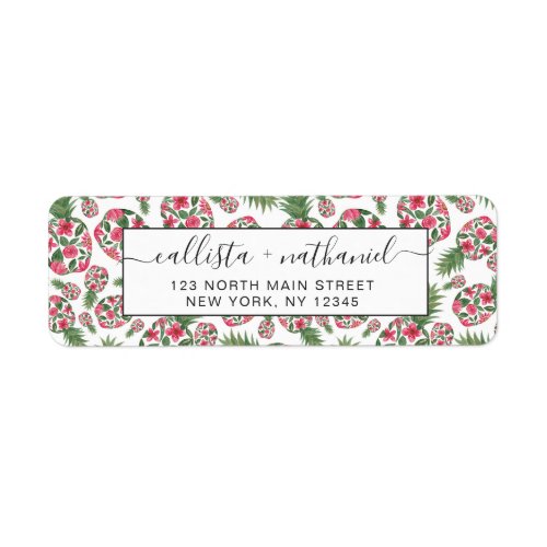 Pink Green Watercolor Floral Pineapples Pattern Label