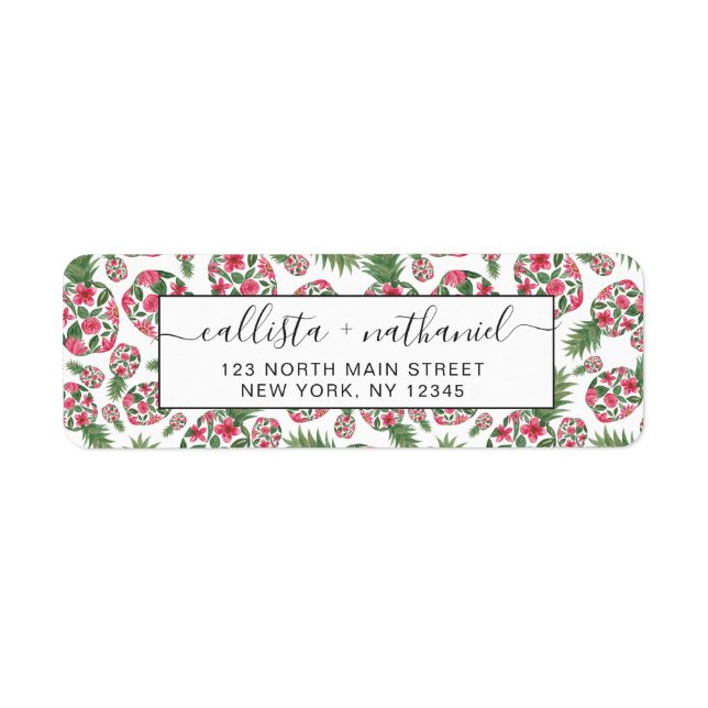 Pink Green Watercolor Floral Pineapples Pattern Label (Front)