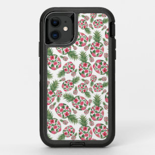 Pink Green Watercolor Floral Pineapples Pattern OtterBox Defender iPhone 11 Case