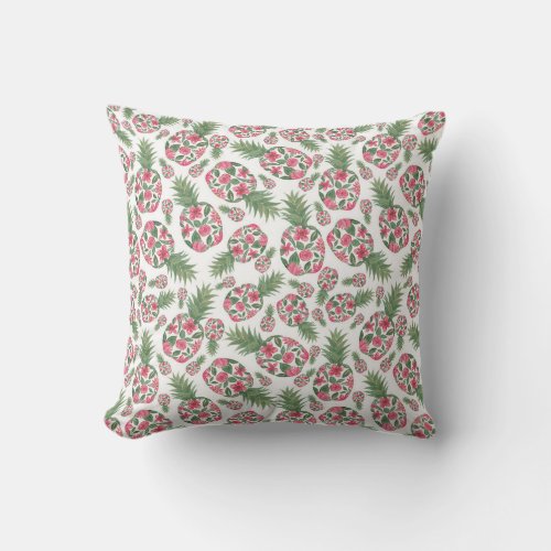 Pink Green Watercolor Floral Pineapples Pattern Outdoor Pillow