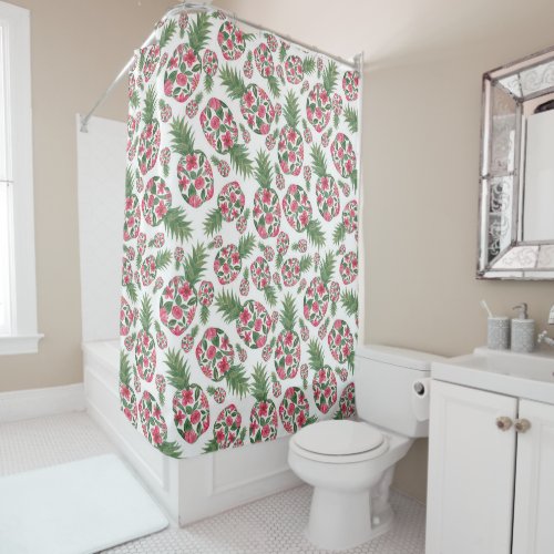 Pink Green Watercolor Floral Pineapples Pattern Shower Curtain