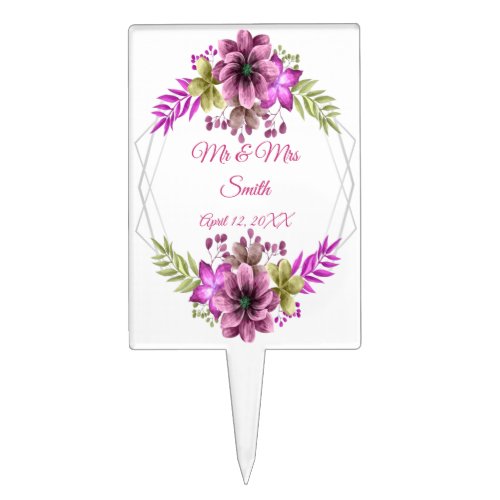 Pink  Green Watercolor Floral Wedding Cake Topper