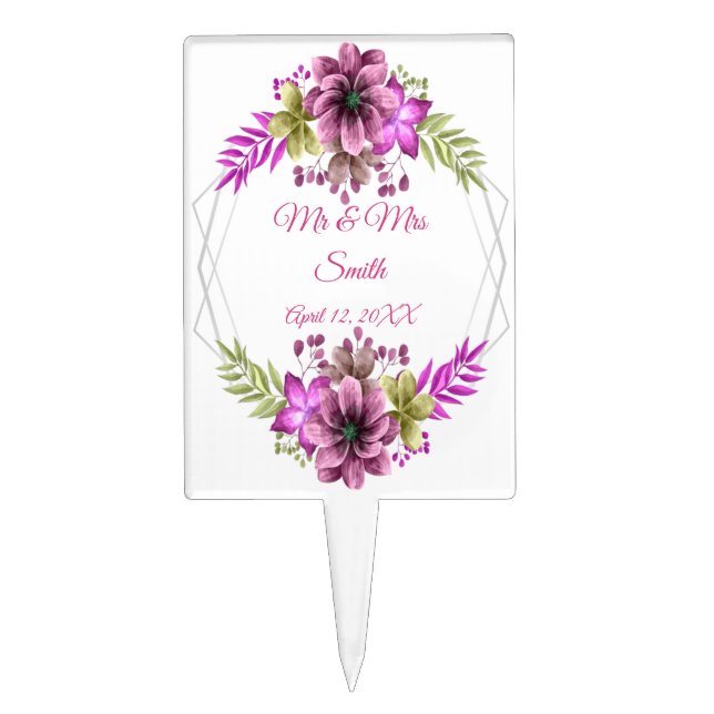 Pink & Green Watercolor Floral Wedding Cake Topper (Front)
