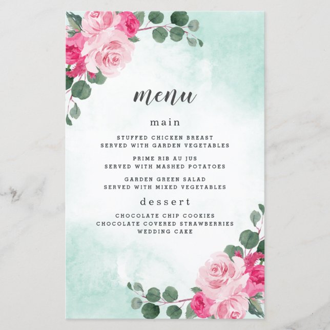 Pink & Green Watercolor Floral Wedding Menu Cards (Front)